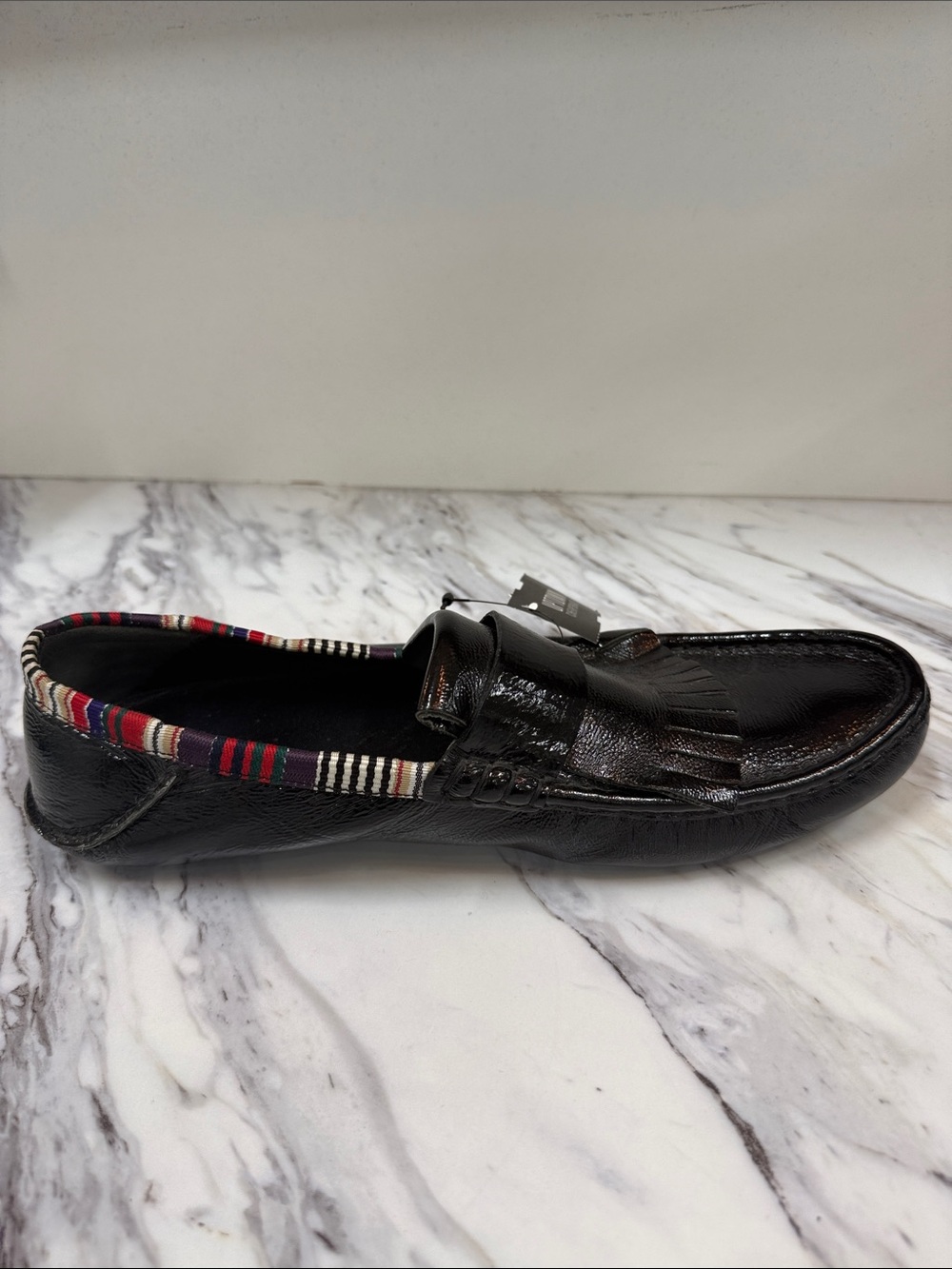Gucci Black Patent Leather Fringe Loafers with Multicolor Trim - Picture 4 of 10